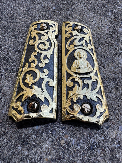 1911 45 38 Super Full Size San Judas Gold Gun Pistol Grip Cachas & 24K Screws