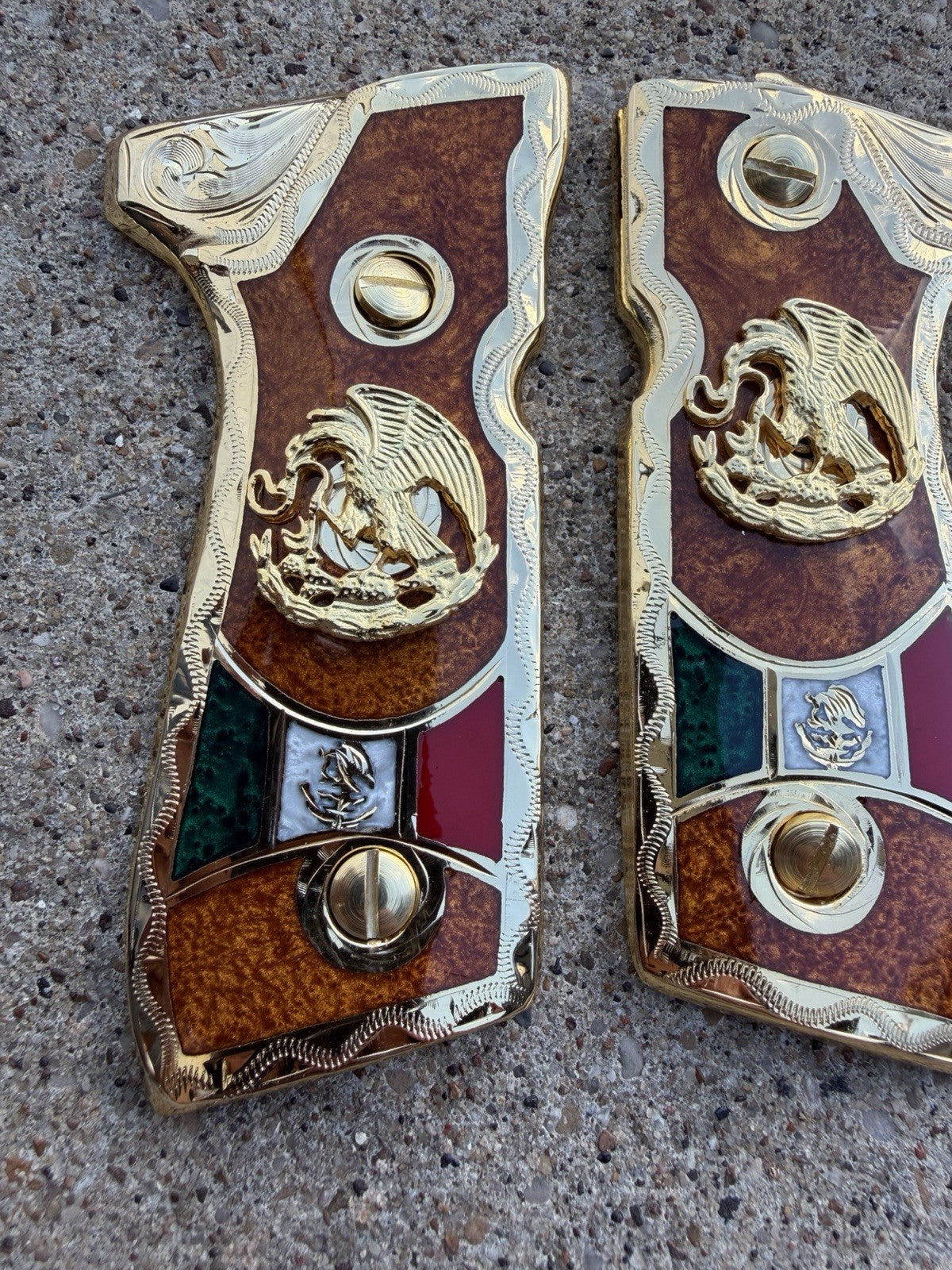 Beretta 92FS Cachas Mexican Eagle Gold Plated Pistol Custom Grips & Gold Screws