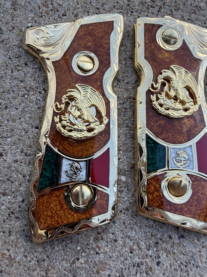 Beretta 92FS Cachas Mexican Eagle Gold Plated Pistol Custom Grips & Gold Screws