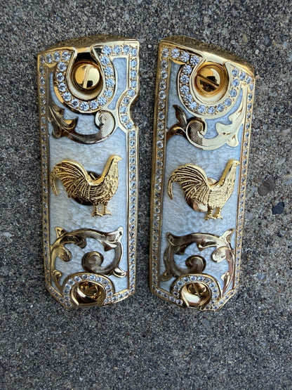 1911 ZIRCONIA 45 38 SUPER GALLO GOLD GUN PISTOL GRIP CACHAS & 24K SCREWS