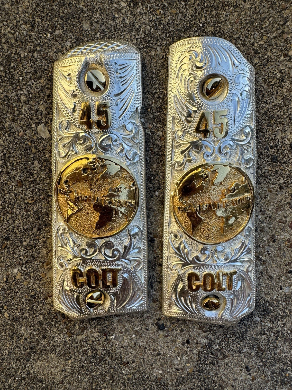 1911 45 38 Super Full Size World Is Yours Gold Gun Pistol Grip Cachas & 24KScrew