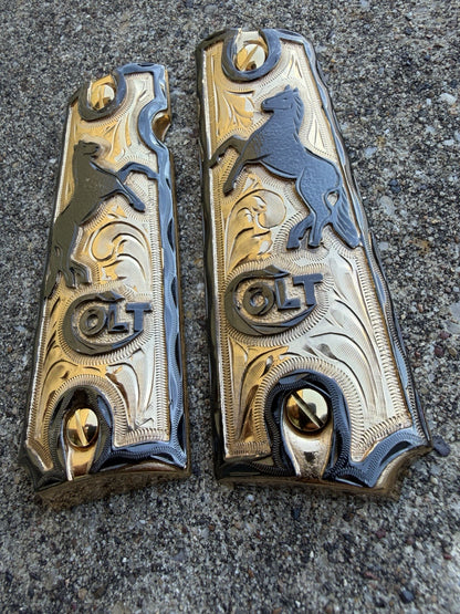 1911 45 38 Super Full Size Horse Gold Gun Pistol Grip Cachas & 24K Screws