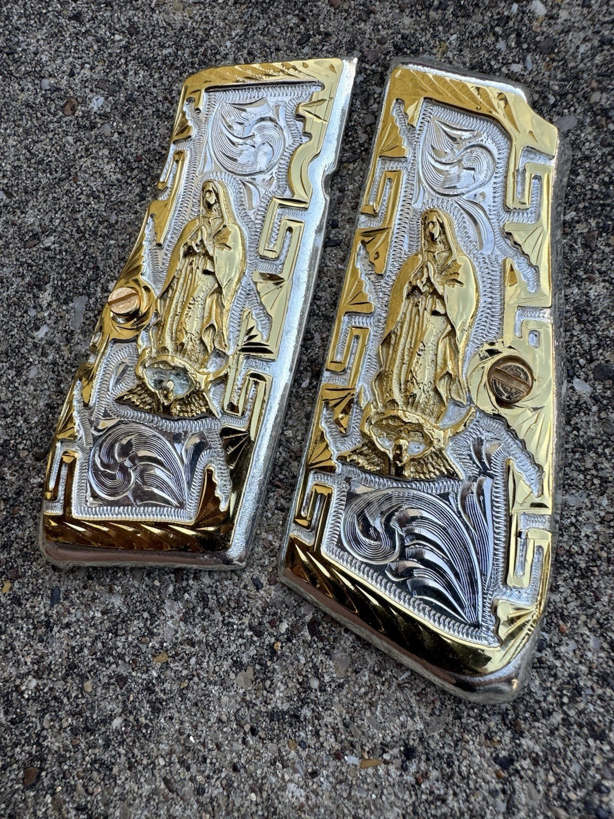 Browning Hi-Power 9mm Virgen De Guadalupe Gold Gun Pistol Grip Cachas & Screws