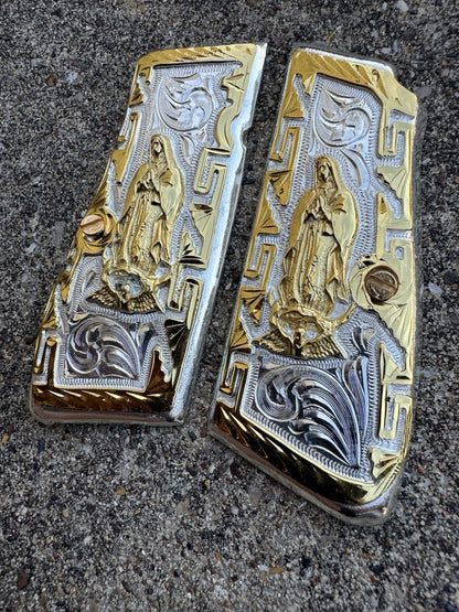 Browning Hi-Power 9mm Virgen De Guadalupe Gold Gun Pistol Grip Cachas & Screws
