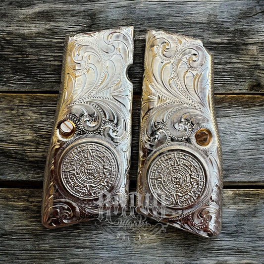 Browning Hi-Power 9mm Azteca Gold Gun Pistol Grip Cachas & 24k Screws
