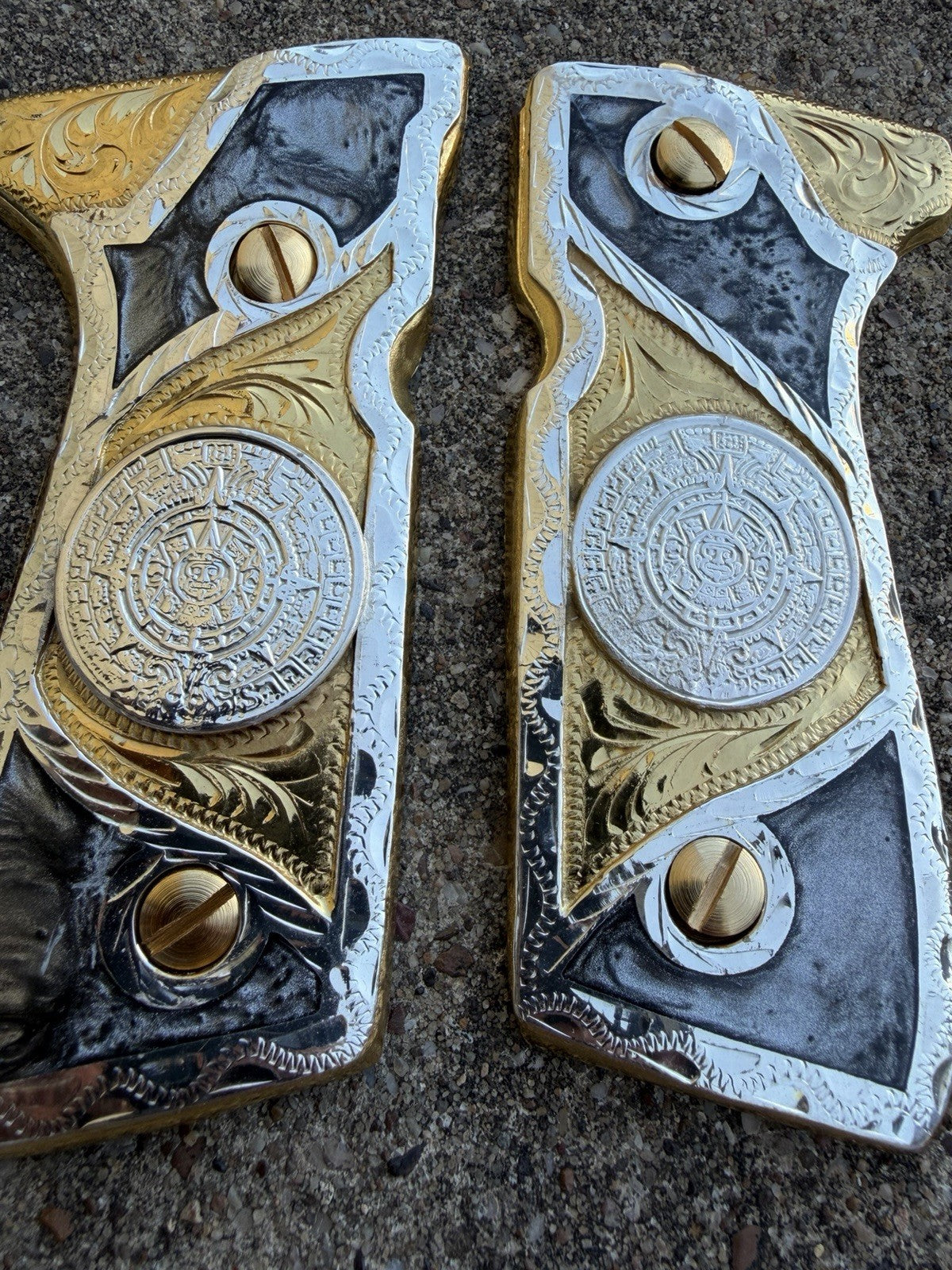 Beretta 92FS Cachas Azteca Gold Plated Pistol Custom Grips & Gold Screws