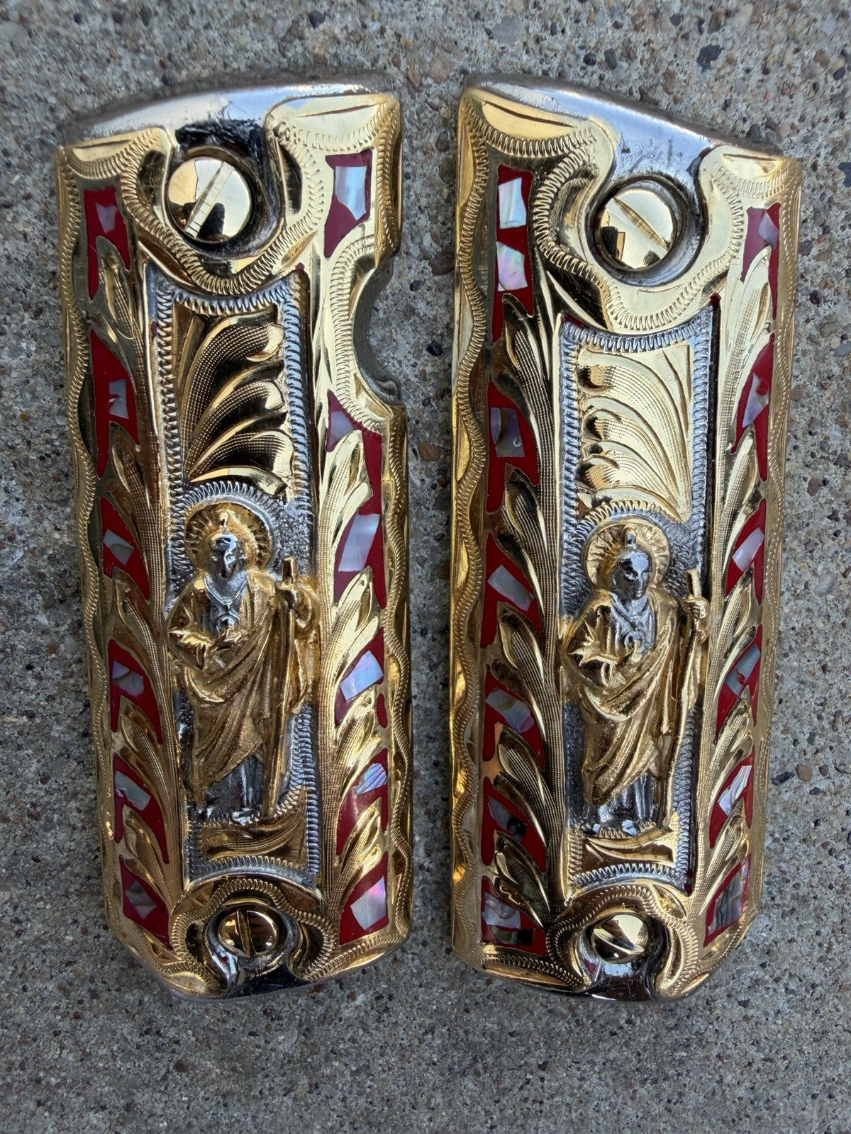 1911 45 38 Super Full Size San Judas Gold Gun Pistol Grip Cachas & 24K Screws