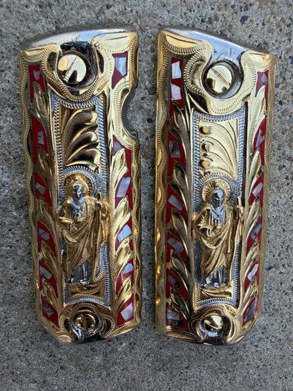 1911 45 38 Super Full Size San Judas Gold Gun Pistol Grip Cachas & 24K Screws