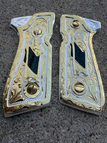 Beretta 92FS Cachas San Judas Gold Plated Pistol Custom Grips & Gold Screws
