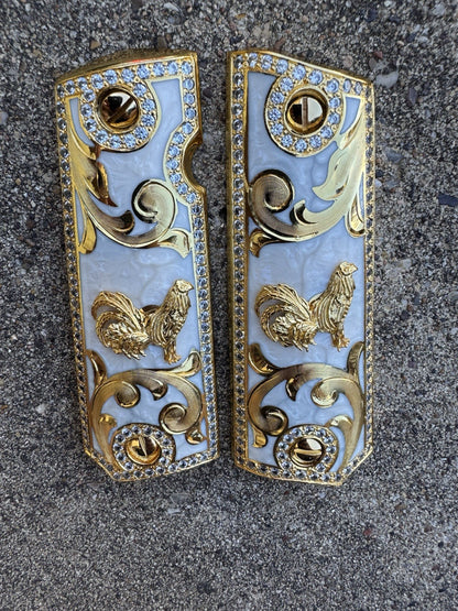 1911 ZIRCONIA 45 38 SUPER COLT GALLO GOLD GUN PISTOL GRIP CACHAS & 24K SCREW