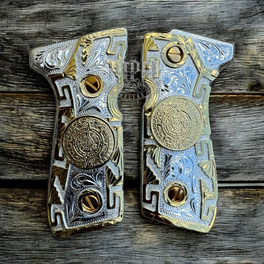 Beretta 92FS Cachas Aztec Gold Plated Pistol Custom Grips & Gold Screws