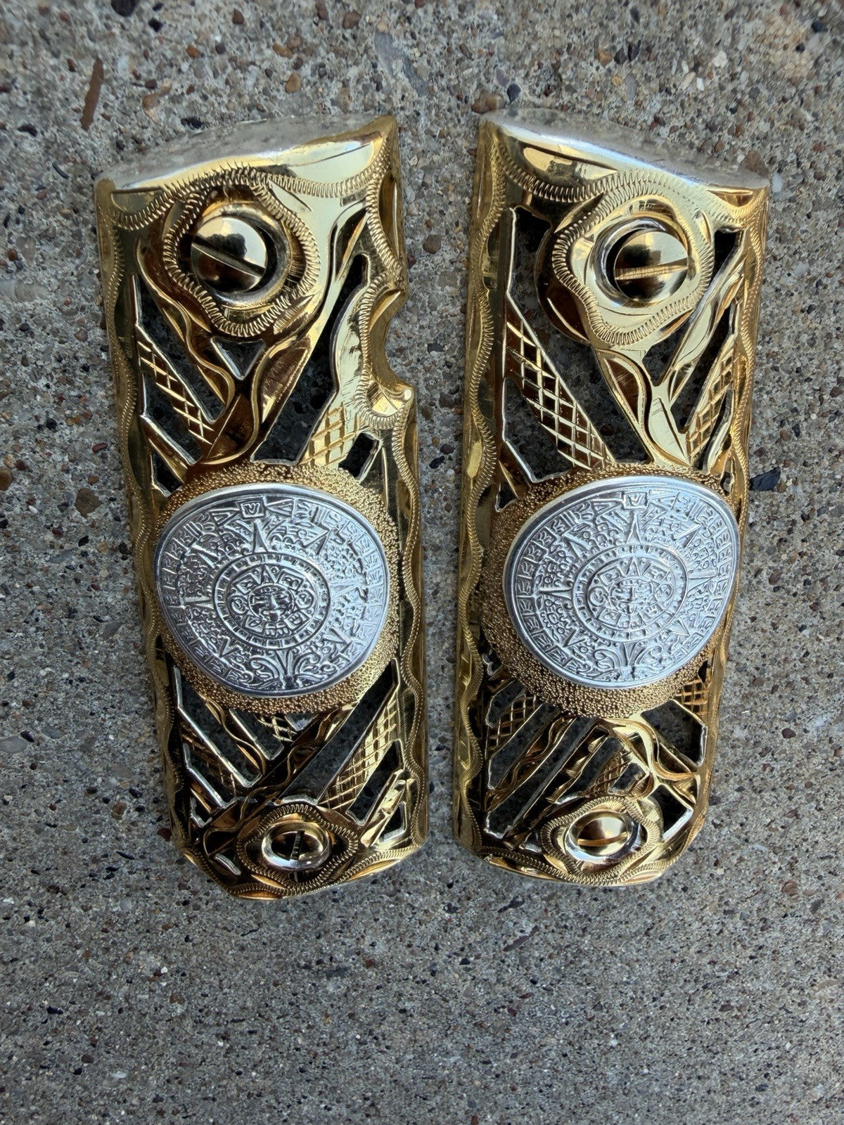 1911 45 38 Super Full Size Aztec Gold Gun Pistol Grip Cachas & 24K Screws