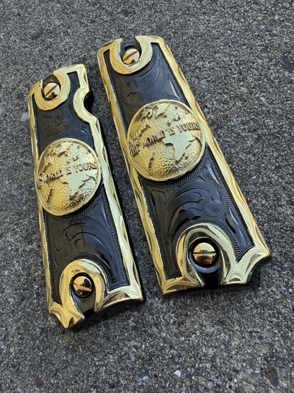 1911 45 38 Super Full Size World Is Yours Gold Gun Pistol Grip Cachas & 24KScrew
