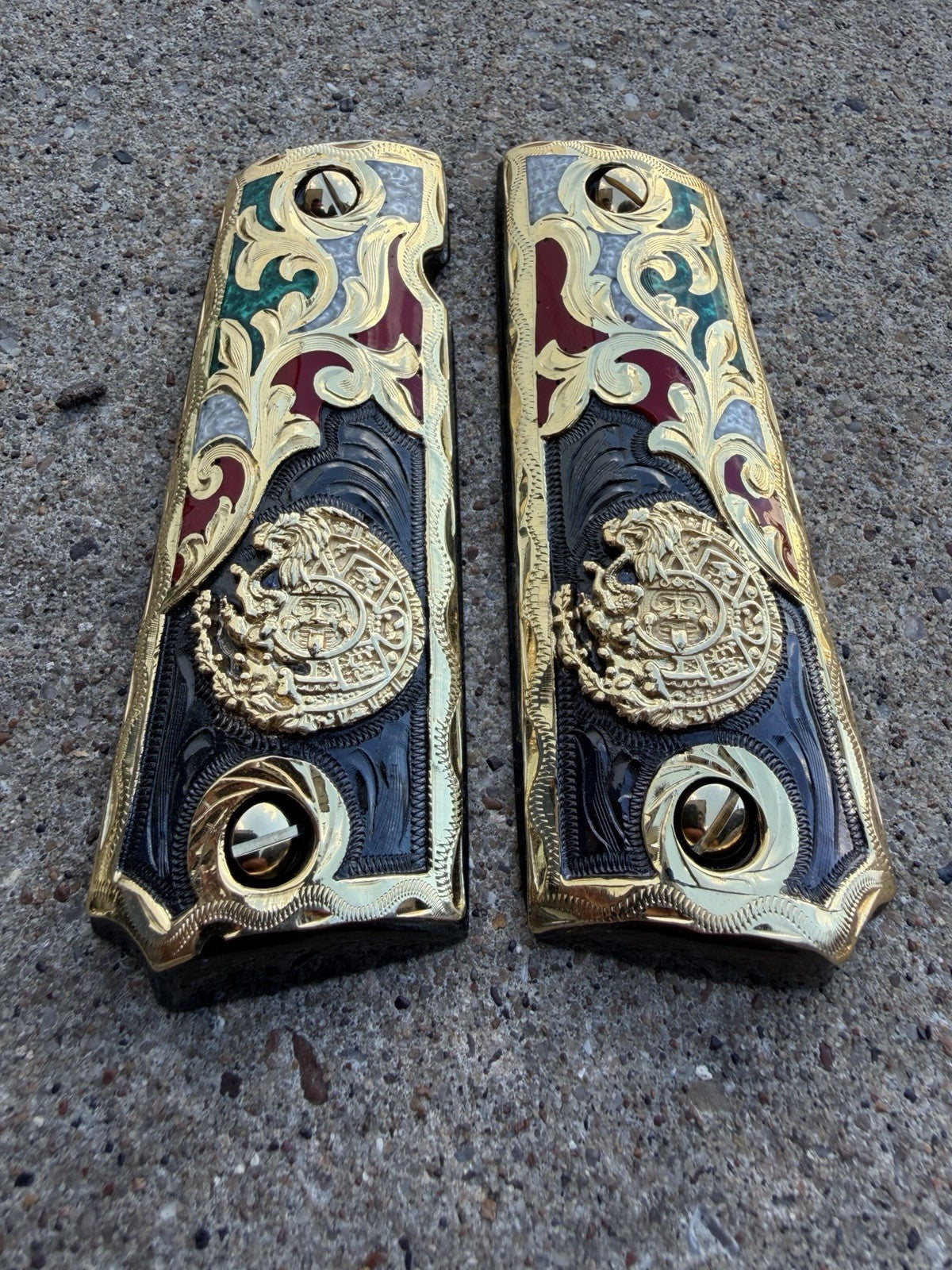 1911 45 38 Super Full Size Azteca Gold Gun Pistol Grip Cachas & 24K Screws
