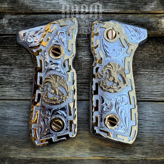 Beretta 92FS Cachas Mexican Aguila Gold Plated Pistol Custom Grips & Gold Screws