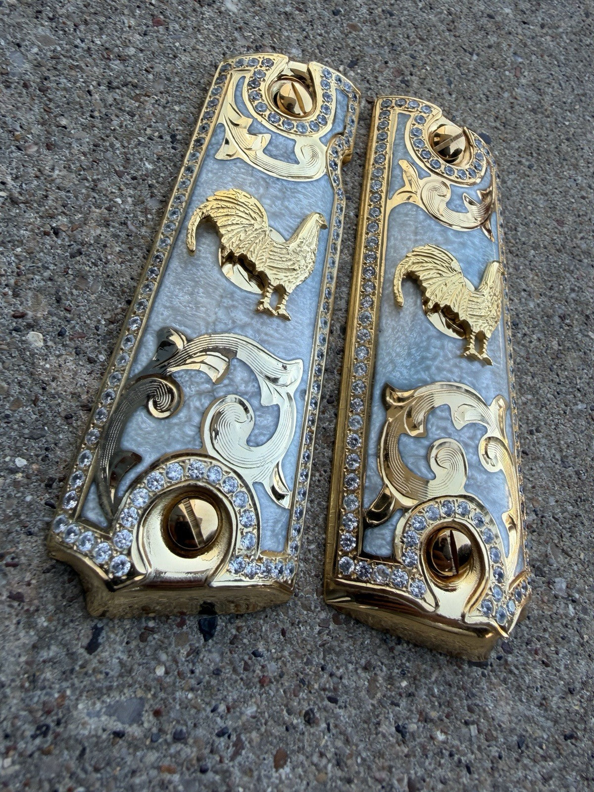 1911 ZIRCONIA 45 38 SUPER GALLO GOLD GUN PISTOL GRIP CACHAS & 24K  SCREWS