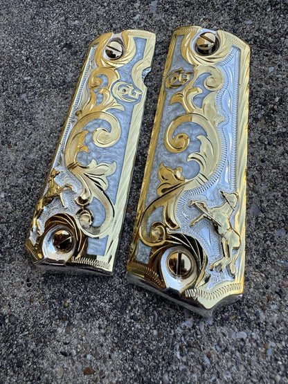 1911 45 38 Super Colt Horse Full Size Gold Gun Pistol Grip Cachas & 24K Screws