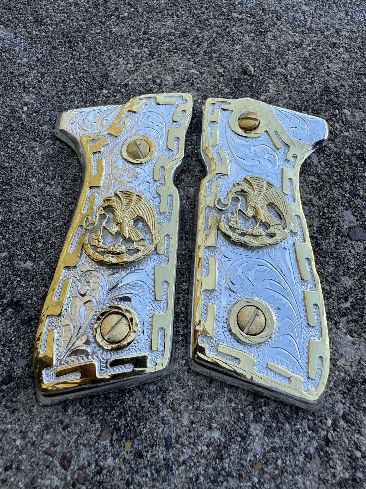 Beretta 92FS Cachas Mexican Eagle Gold Plated Pistol Custom Grips & Gold Screws