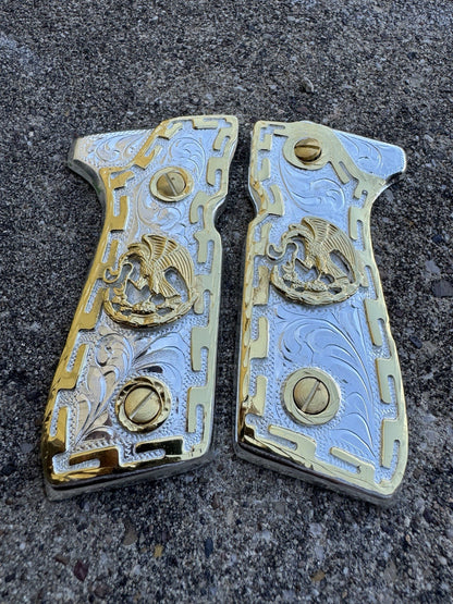 Beretta 92FS Cachas Mexican Eagle Gold Plated Pistol Custom Grips & Gold Screws