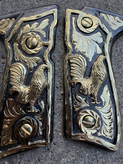 Beretta 92FS Cachas Gallo Gold Plated Pistol Custom Grips & Gold Screws