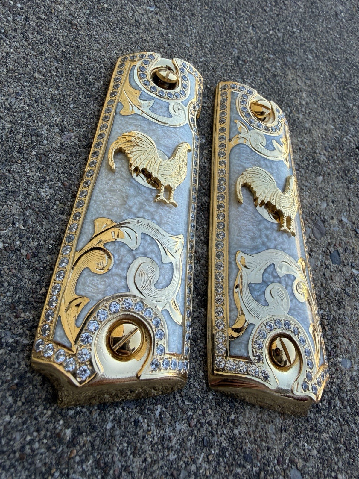 1911 ZIRCONIA 45 38 SUPER GALLO GOLD GUN PISTOL GRIP CACHAS & 24K SCREWS