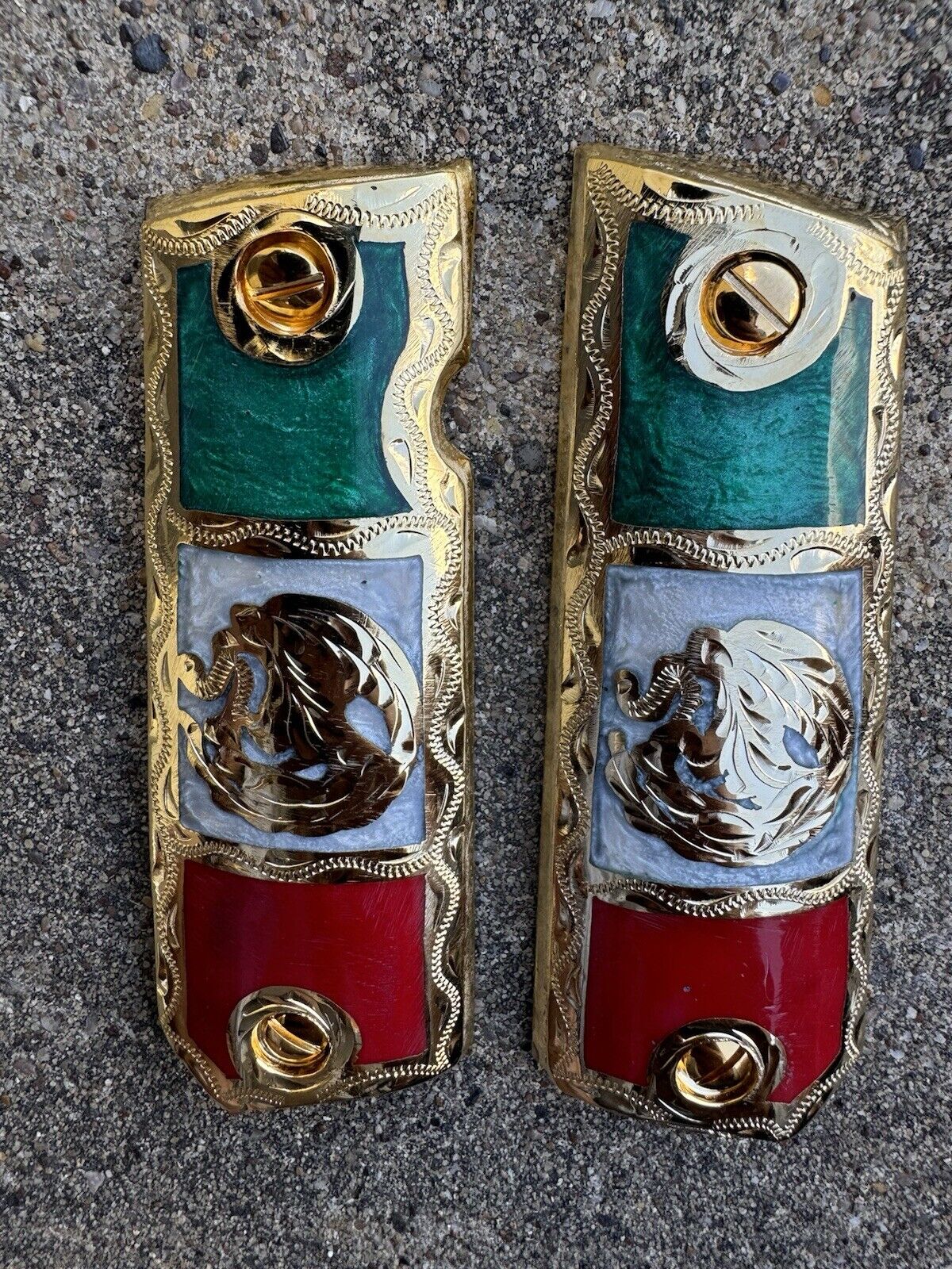 1911 Full Size 45 38 Super Mexican Flag Gold Gun Pistol Grip Cachas & 24K Screws