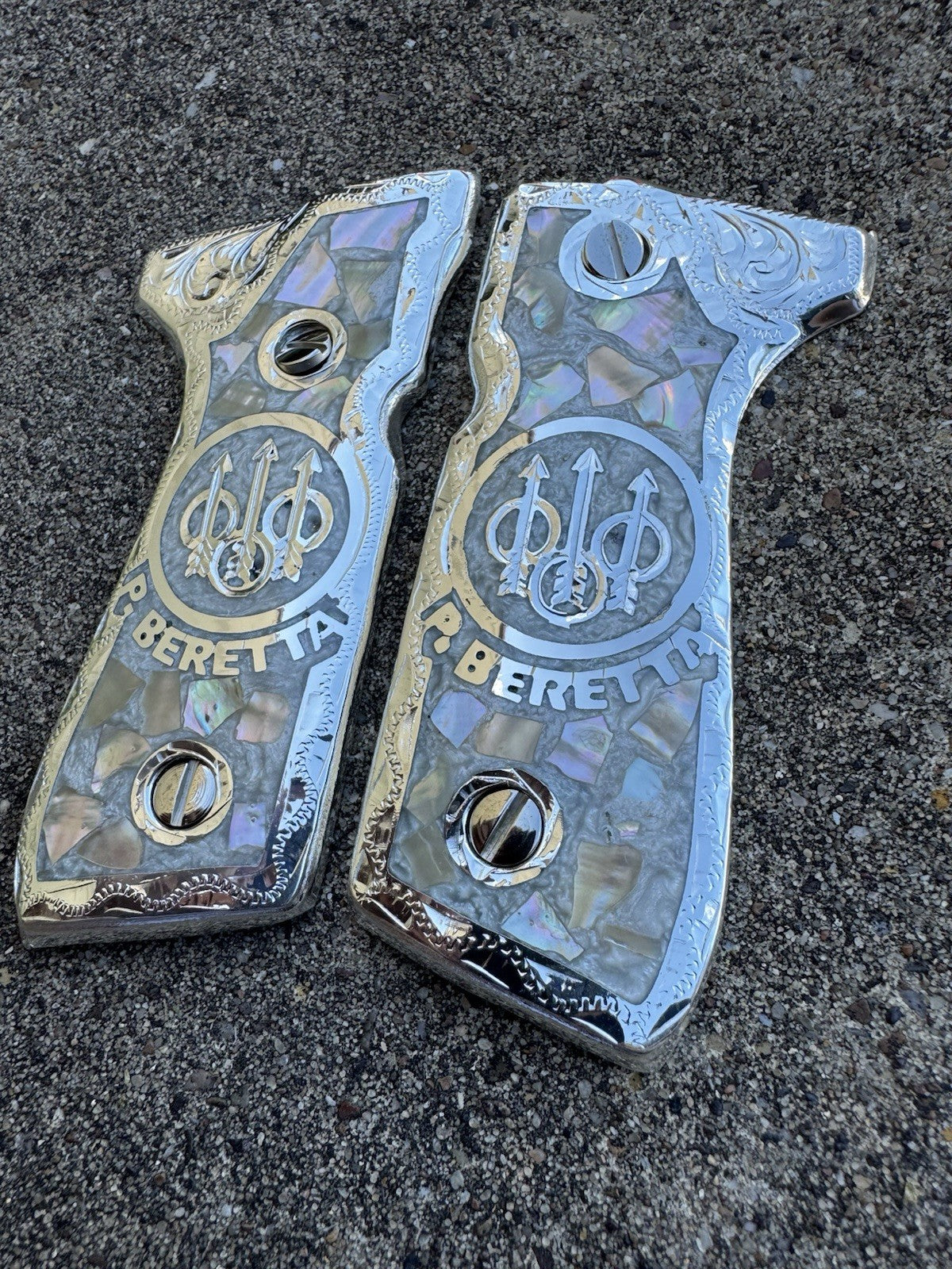 Beretta 92FS Cachas Plated Pistol Custom Grips & Polished Screws