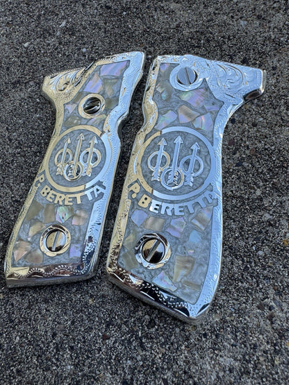 Beretta 92FS Cachas Plated Pistol Custom Grips & Polished Screws