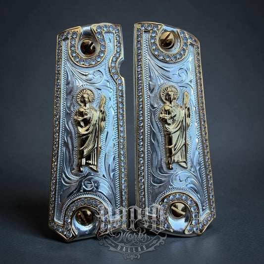1911 ZIRCONIA 45 38 SUPER SAN JUDAS GOLD GUN PISTOL GRIP CACHAS & 24K SCREWS
