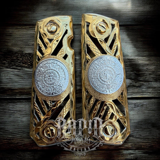 1911 45 38 Super Full Size Azteca Gold Gun Pistol Grip Cachas & 24K Screws