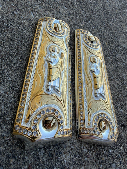 1911 ZIRCONIA 45 38 SUPER SAN JUDAS GOLD GUN PISTOL GRIP CACHAS & 24K SCREWS