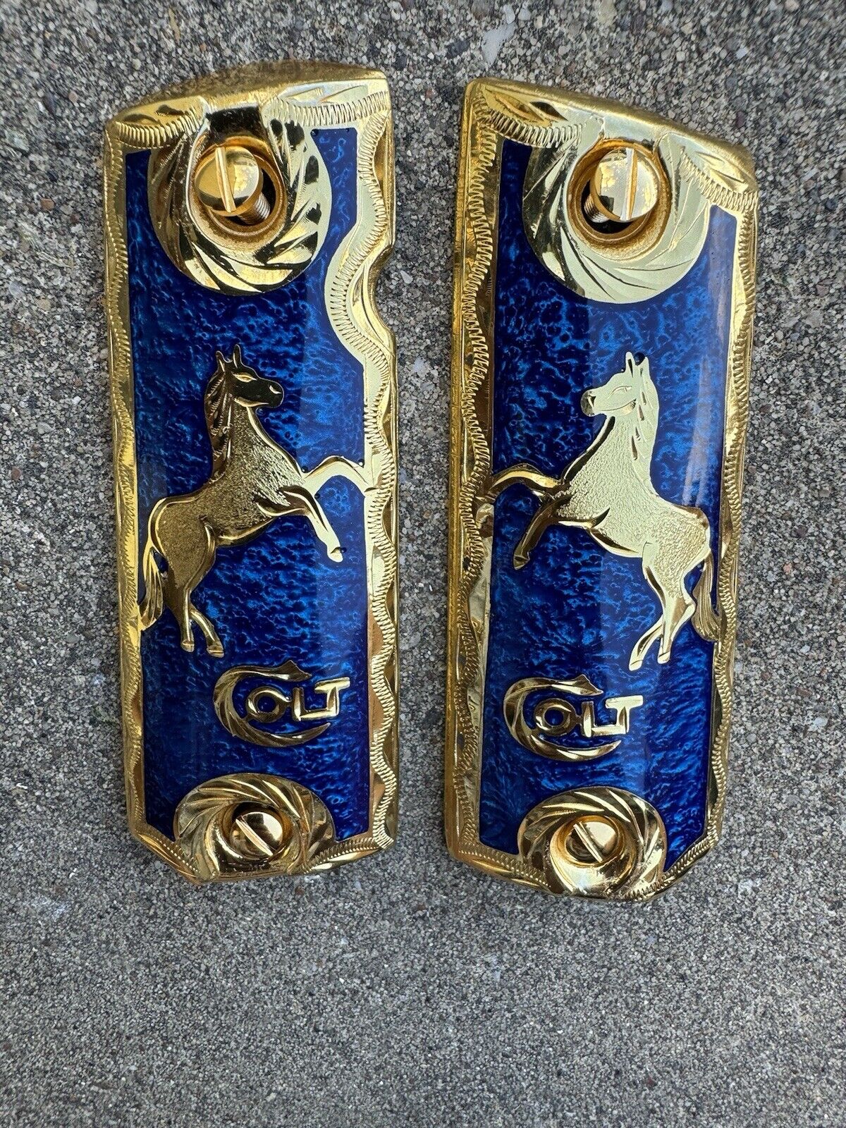 1911 45 38 Super Blue Horse Gold Gun Pistol Grip Cachas Chapeado & 24K Screws