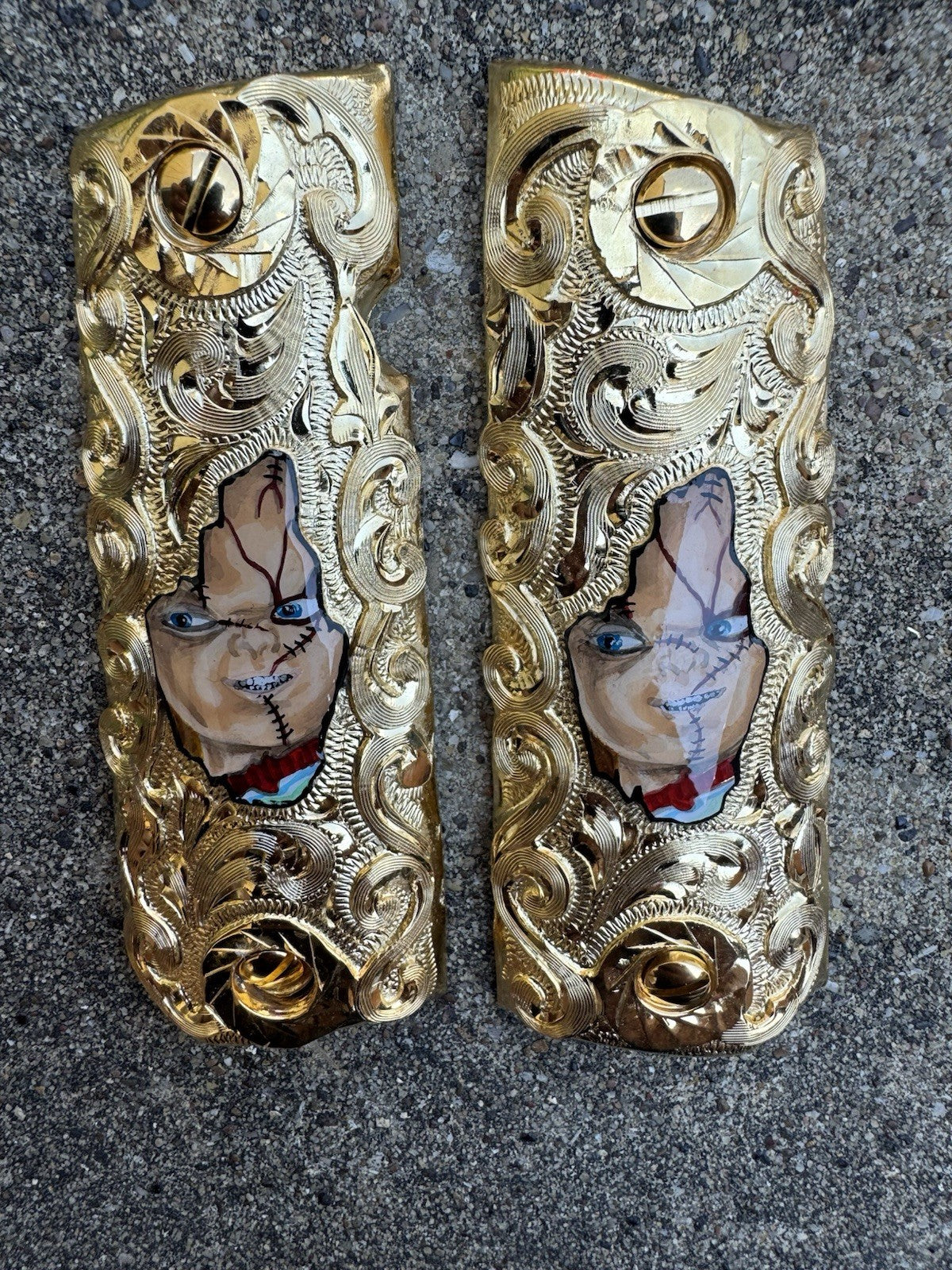 1911 45 38 Super Chucky Full Size Gold Gun Pistol Grip Cachas & 24K Screws