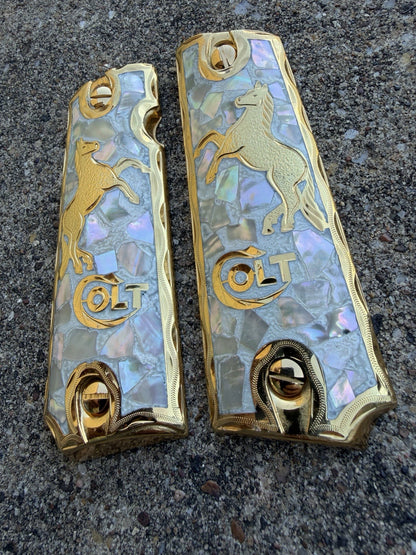 1911 45 38 Super Full Size Horse Gold Gun Pistol Grip Cachas & 24K Screws