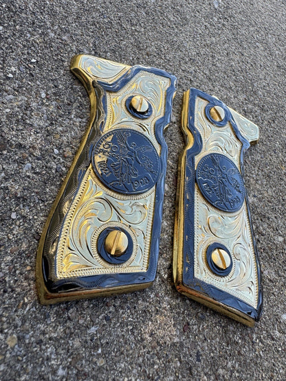 Beretta 92FS Cachas Centenario Gold Plated Pistol Custom Grips & Gold Screws