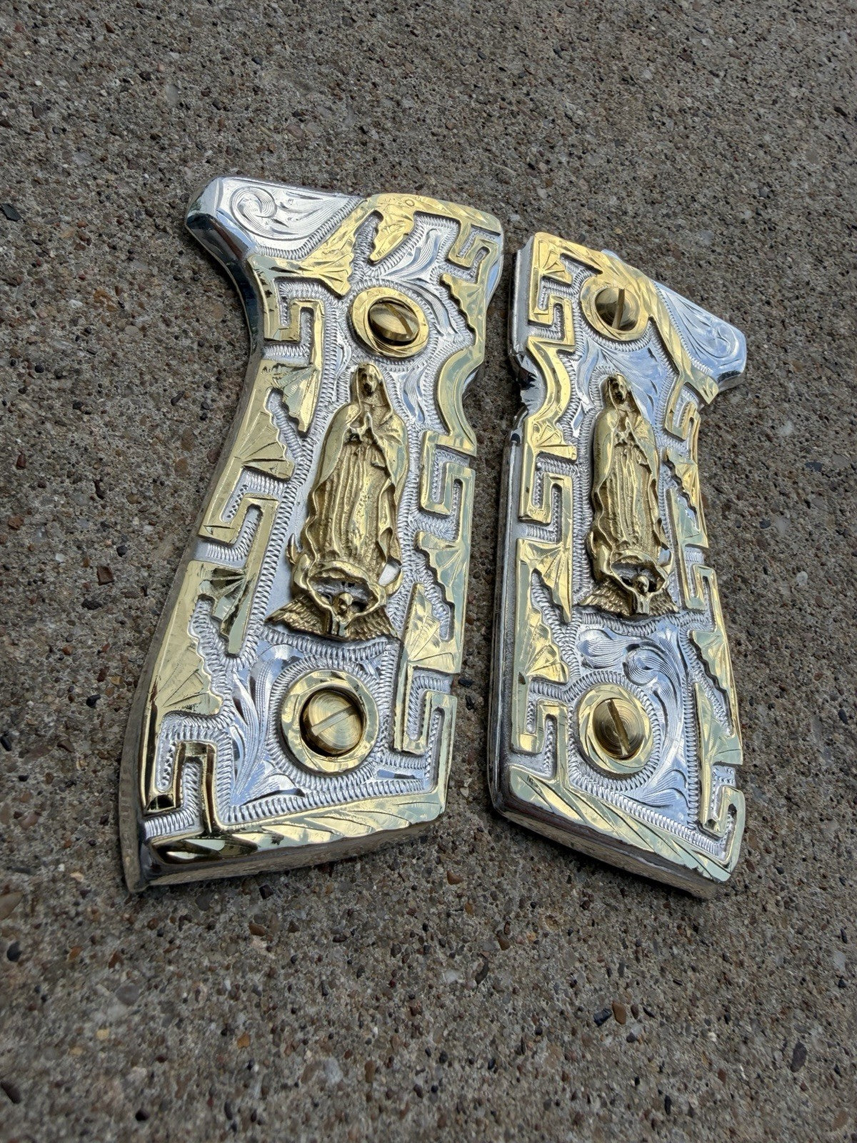 Beretta 92FS Cachas Virgen De Guadalupe Gold Plated Pistol Grips & Gold Screws