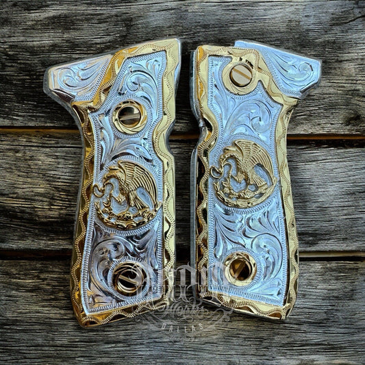 Beretta 92FS Cachas Mexican Eagle Gold Plated Pistol Custom Grips & Gold Screws