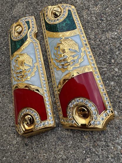 1911 ZIRCONIA 45 38 SUPER MEXICAN FLAG GOLD GUN PISTOL GRIP CACHAS & 24K SCREW
