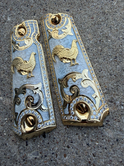 1911 ZIRCONIA 45 38 SUPER GALLO GOLD GUN PISTOL GRIP CACHAS & 24K  SCREWS