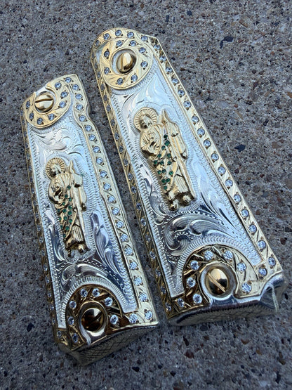 1911 ZIRCONIAS 45 38 SUPER COLT SAN JUDAS GOLD GUN PISTOL GRIP CACHAS & 24KSCREW