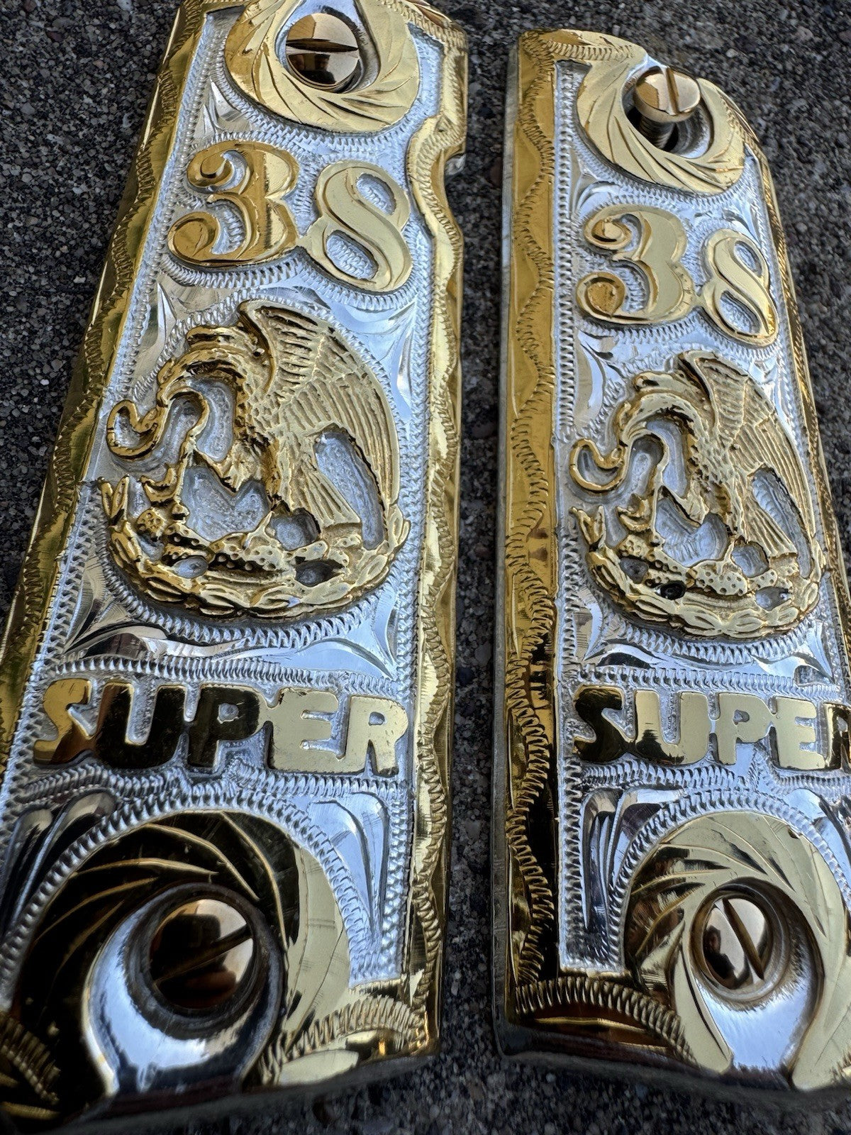 1911 45 38 Super Full Size Aguila Gold Gun Pistol Grip Cachas & 24K Screws