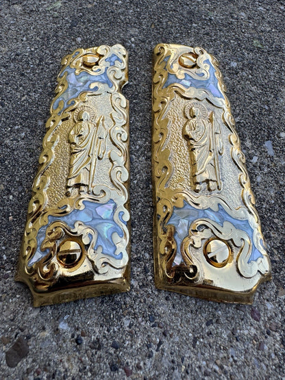 1911 45 38 Super Full Size San Judas Gold Gun Pistol Grip Cachas & 24K Screws
