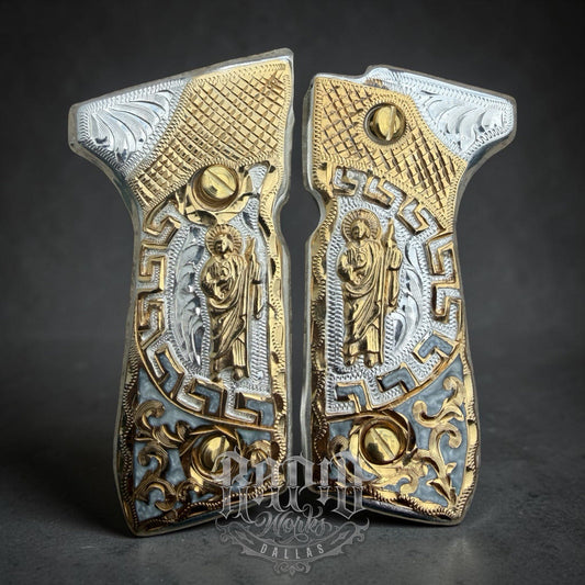 Beretta 92FS Cachas San Judas Gold Plated Pistol Custom Grips & Gold Screws