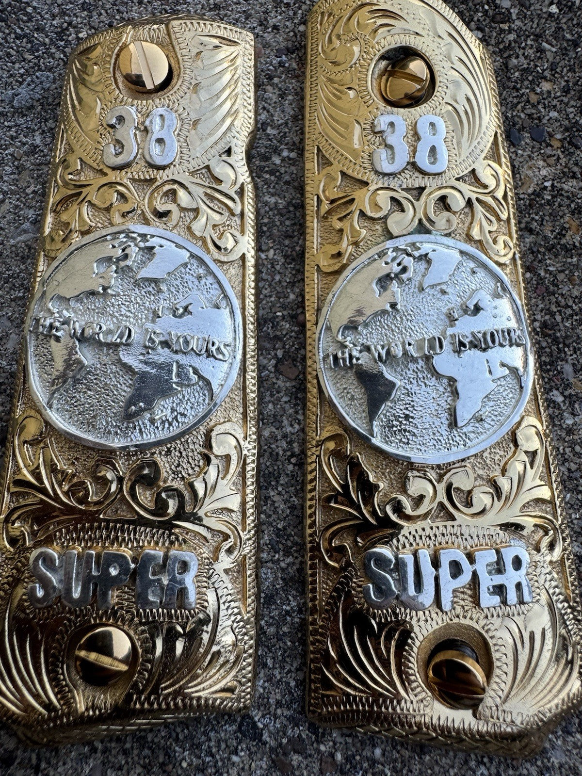 1911 45 38 Super Full Size World Is Yours Gold Gun Pistol Grip Cachas & 24KScrew