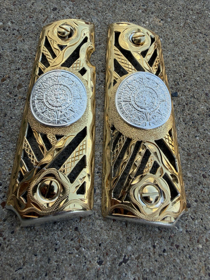 1911 45 38 Super Full Size Aztec Gold Gun Pistol Grip Cachas & 24K Screws