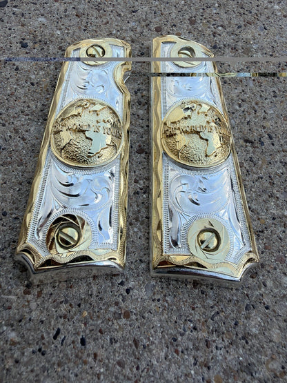 1911 45 38 Super Full Size World Is Yours Gold Gun Pistol Grip Cachas & 24KScrew