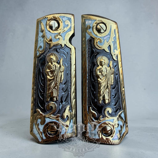1911 45 38 Super Full Size San Judas Gold Gun Pistol Grip Cachas & 24K Screws