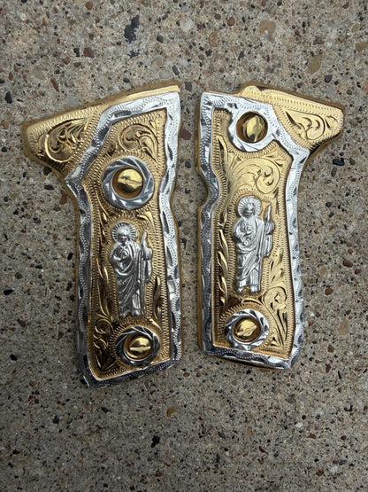 Beretta 92FS Cachas San Judas Gold Plated Pistol Custom Grips & Gold Screws