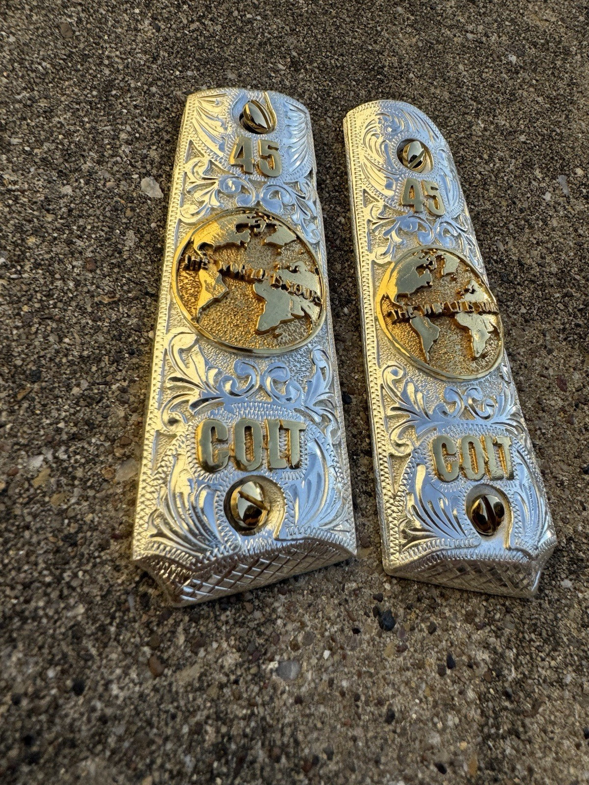 1911 45 38 Super Full Size World Is Yours Gold Gun Pistol Grip Cachas & 24KScrew