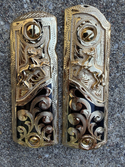1911 45 38 Super Full Size Horse Gold Gun Pistol Grip Cachas & 24K Screws
